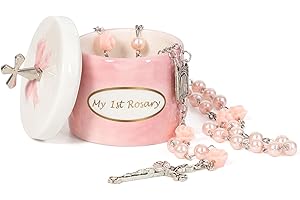 CALABASASMADE Baptism Gifts for Girl My First Pink Rosary Keepsake Box – Catholic Pink Rosary Box for Kids, Christening Baptism Decor for Kids, First Communion Keepsake Set from Godmother, Baby Girl Dedication Gift