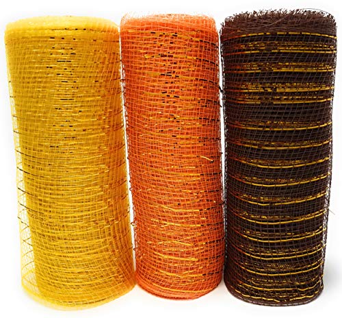 Fall Thanksgiving Decorative 5 Yard Mesh Rolls (Pack of 3) for Crafting Wreaths and Zip Ties for Securing Mesh to Frames (Dark Brown, Gold, Orange)