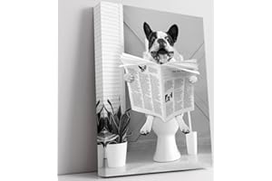 Biufo Wall Art for Bathroom Animal Dog on Toilet Wall Decor Canvas Print Picture Black White Artwork for Restroom (12"x16")