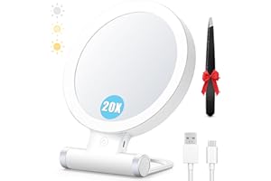 MIYADIVA 20X Magnifying Mirror with Light, Travel Magnifying Mirror, 1X/20X Vanity Mirror with Light, Adjustable Handle Travel Makeup Mirror, Touch Switch Light up Mirror for Plucking Eyebrows