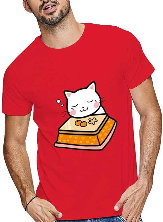 Amazon コタツに入ってうとうとする猫 Tシャツ 半袖 メンズ カジュアル トップス ゆったり 大きい サイズ 夏服ゆったり プリント おしゃれ五分袖 吸汗 Tシャツ カットソー 通販