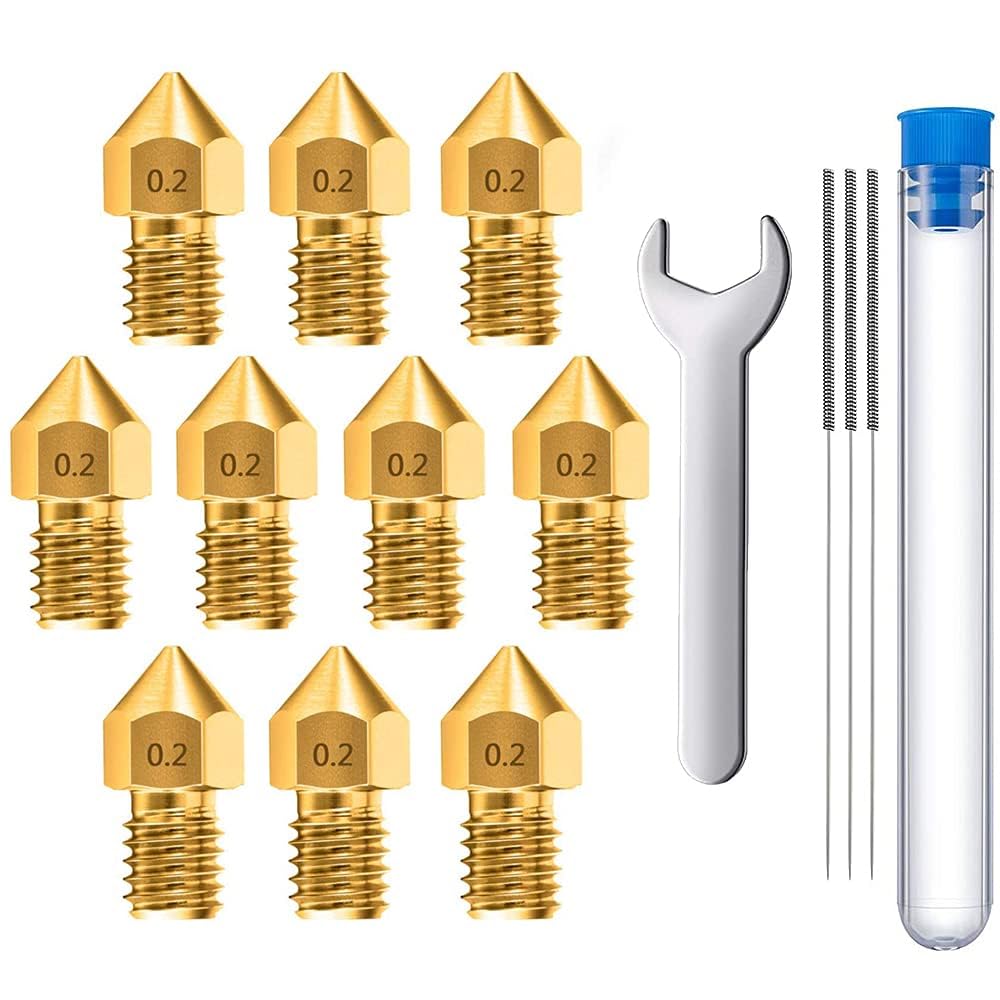 MMOBIEL 10 Pcs 0.2mm Brass MK8 3D Printer Nozzles Extruder Compatible With Creality Ender 3 Series, Ender 5 Series, CR-10/10S, Makerbot,Incl. 3 Cleaning Needles and Wrench
