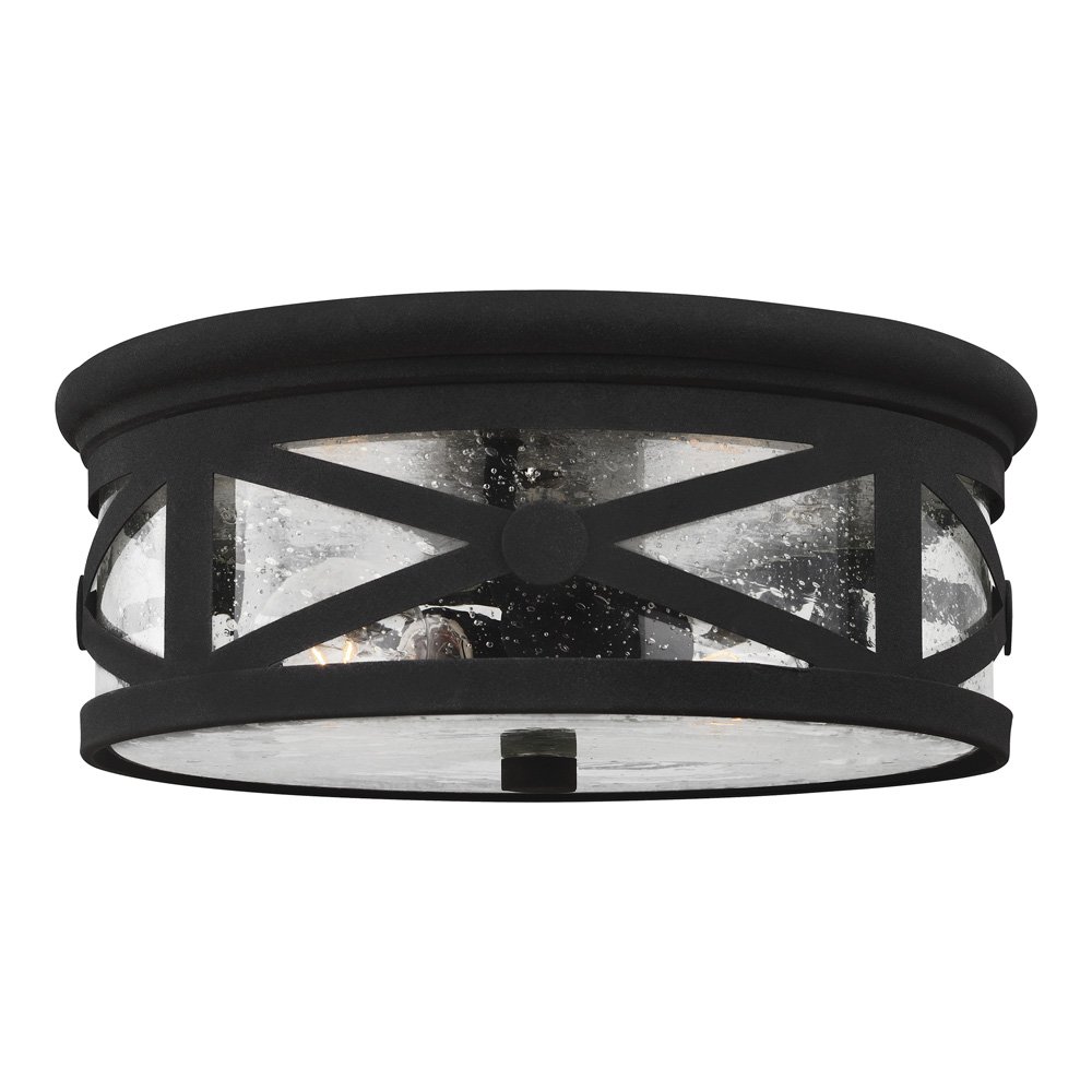 Sea Gull Lighting 7821402-12 Lakeview Two-Light Outdoor Flush Mount Ceiling Light with Clear Seeded Glass Shade, Black Finish