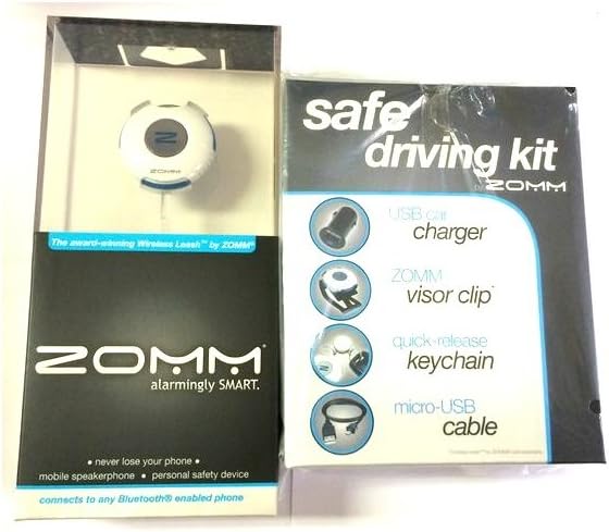ZOMM Wireless Leash for Mobile Phones, Bluetooth Speakerphone, and Personal Safety Device - White & ZOMM Safe Driving Kit