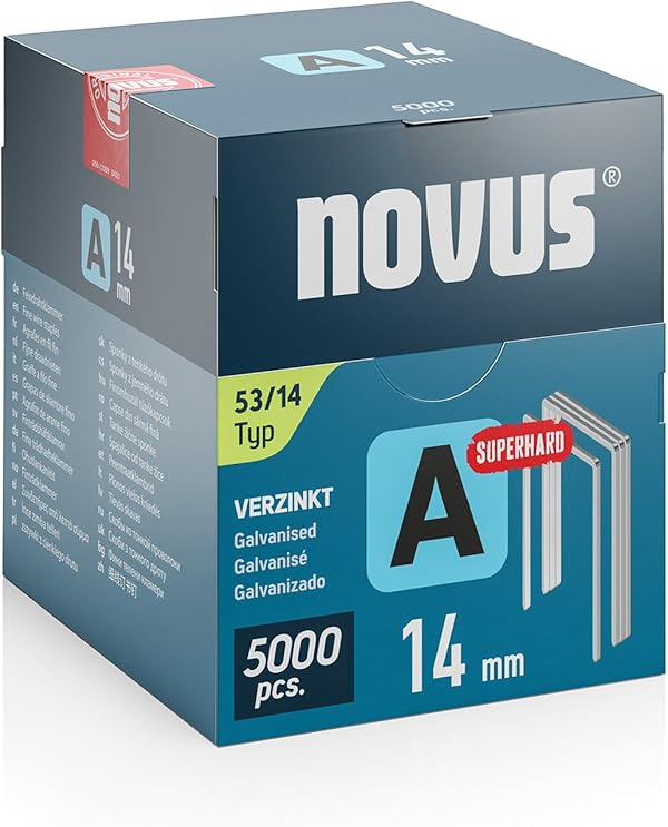 NOVUS TOOLS Feindrahtklammern 14 mm "superhart", 5000 Tacker-Klammern vom Typ 53/14, Großverpackung, Heftmittel für Stoffe, Gewebe und Maschendraht