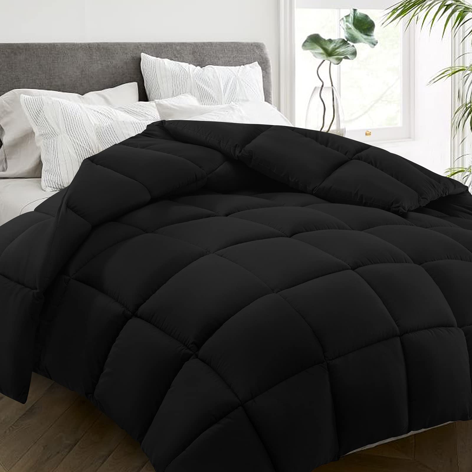 Photo 1 of HYLEORY All Season Queen Size Bed Comforter - Cooling Goose Down Alternative Quilted Duvet Insert with Corner Tabs - Winter Warm - Machine Washable - Black
