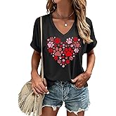 Valentines V Neck T-Shirt for Women Love Heart Short Sleeve Tee Casual Couple Tops Blouse