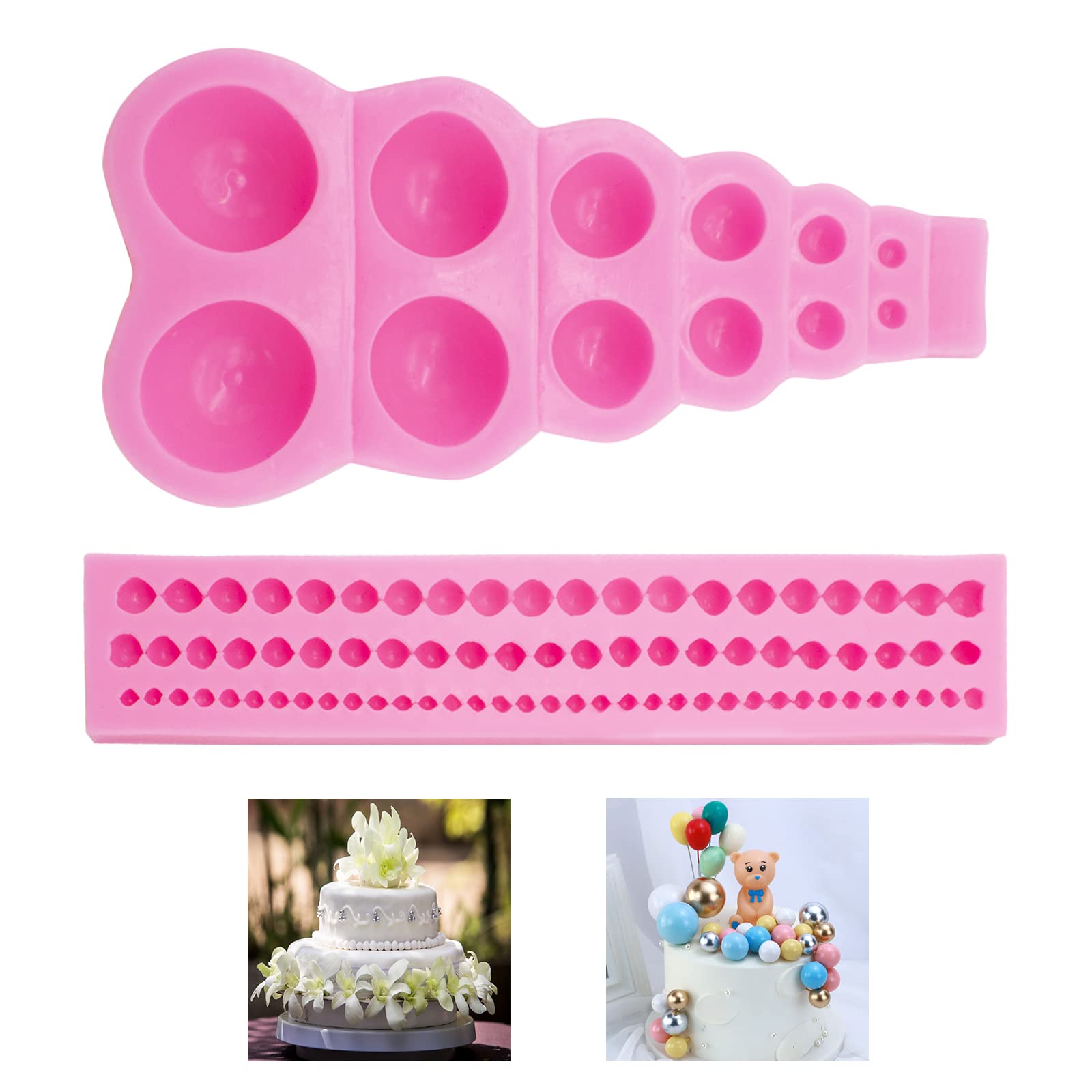 XIACIBDUS 2PCS Silicone Pearl Fondant Mould, Semi Bead Sphere Mould, Round Pearls Chain Chocolate Mould for Cake Candies Decoration Sugar Jelly Pudding Christmas Clay