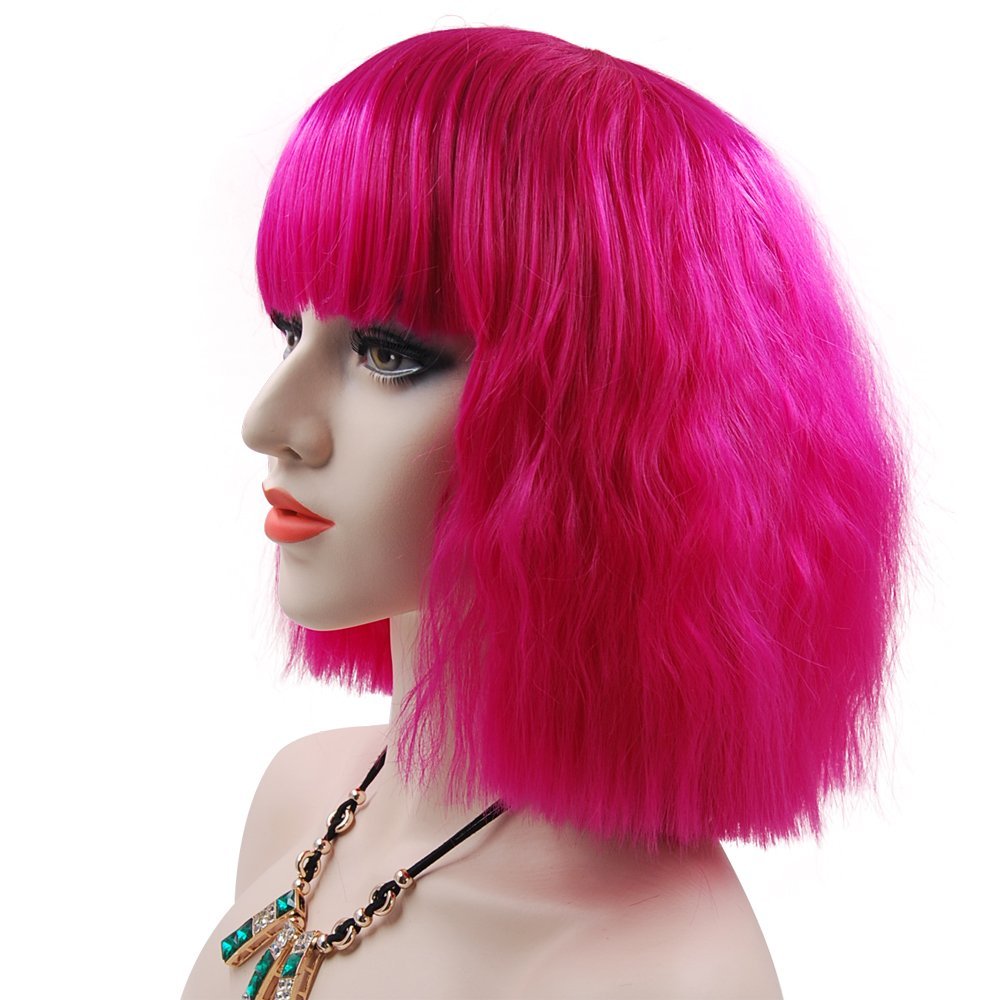 eNilecor Women Short Bob Fluffy Hair Full Wigs with Bangs Heat Resistant Kinky Straight Custom Cosplay Party Wigs (Rose Hot Pink)