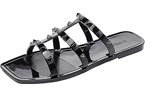 OMGard Women Flats Sandals, Studded Jelly Shoes Size 9 Red Dressy Summer Beach Rivets Strappy Jellies Slide Slip On Open Toes