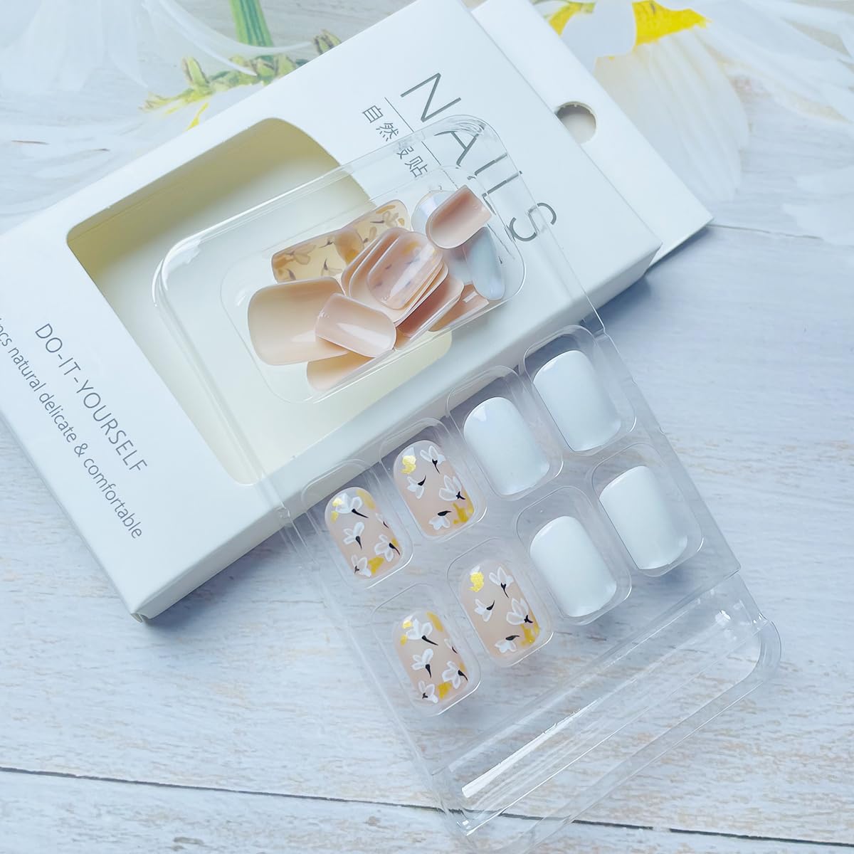 NEWSPIED Press on Nails Short Square Glue on Nails with Glitter Gold Foil Floral Designs Nude White Fake Nails Full Cover Artificial Acrylic Nails Extra Short False Nails for Women Girls 24 Pcs - Image 5