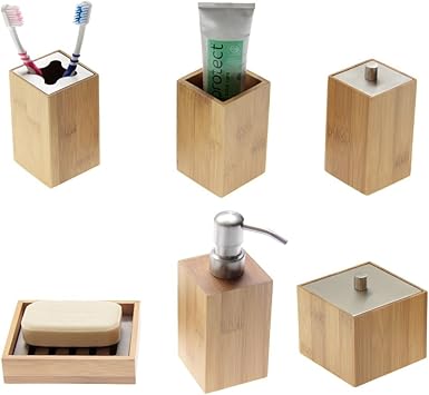 Bambus Bad Accessoires Set Von 6 Pcs Seifenspender Zahnburstenhalter Tasse Wattestabchen Box Box Seifenschale Kleine Badezimmer Ideen Amazon De Kuche Haushalt