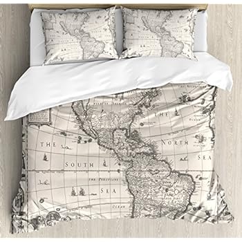 Ambesonne World Map Duvet Cover Set, Antique Map America in 1600s World in Medieval Time Era in Retro Style, Decorative 3 Piece Bedding Set with 2 Pillow Shams, Queen Size, Cream Grey