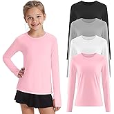 LessonZoo 4 Pack Girl's Long Sleeve Athletic Shirts with Thumb Holes, 5-14 Years Kids Quick Dry Crew Neck Teens Gym Yoga Tops