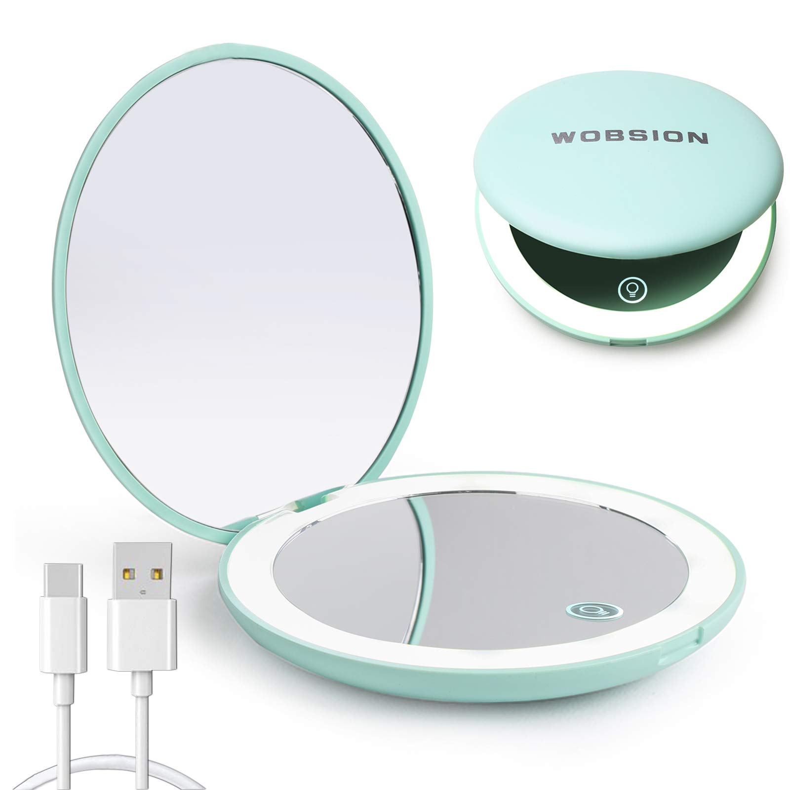 WOBSION Led Compact Mirror,Rechargeable 1x/10x Magnification Compact Mirrors with Light,Dimmable Small Travel Makeup Mirror for Handbag,Pocket,Purse,Handheld,Gifts for Girls,Cyan