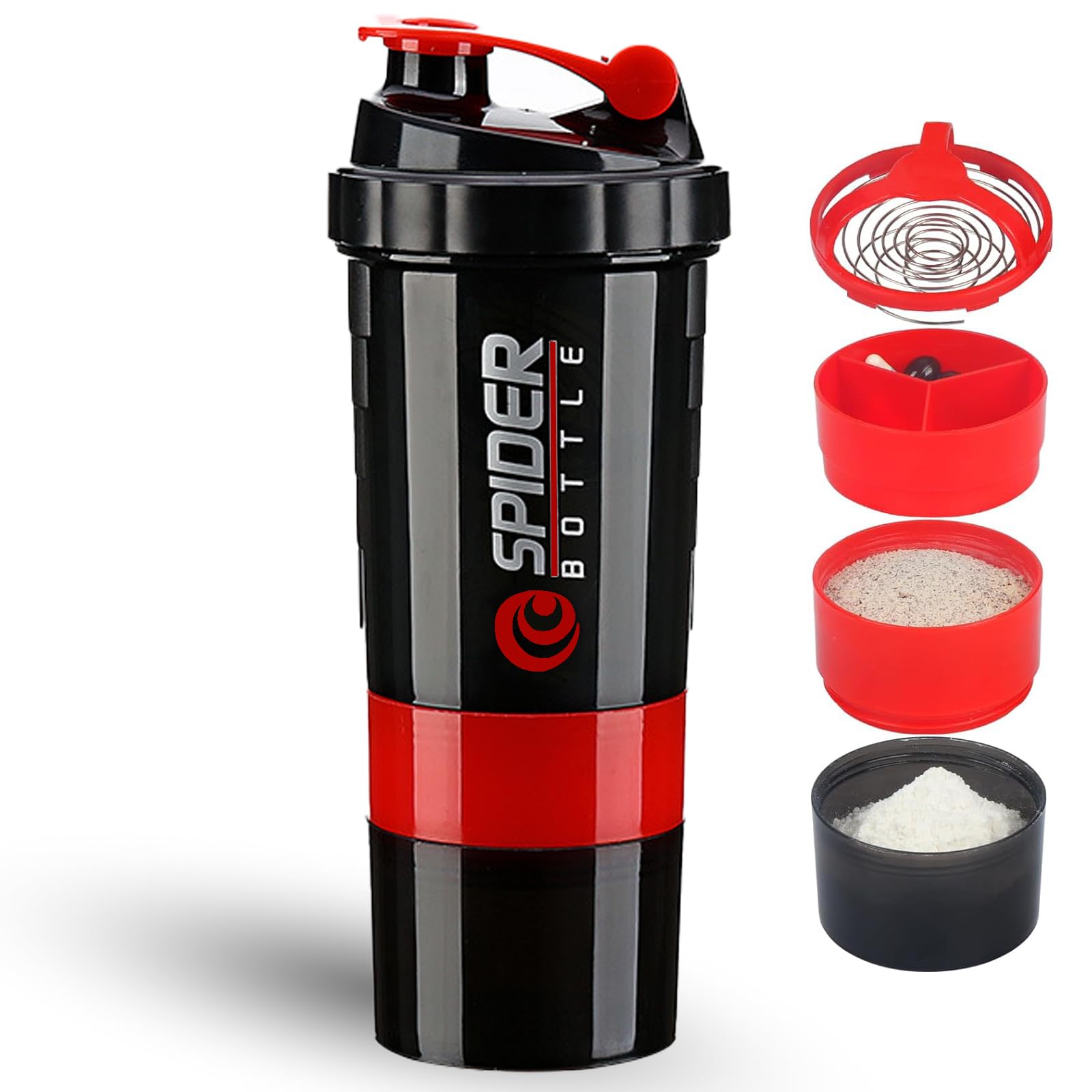 DDUP Protein Shaker Bottle, 16oz 3 Layer Twist Off GYM Shaker Cup Shake Bottle with Mix Grid and Pill & Supplement Storage,Leak Proof Shaker for Protein Shakers (Red)