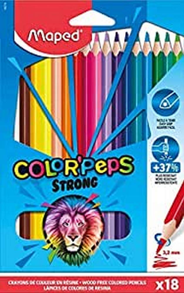 Maped - Strong Color'Peps Coloured Pencils - 18 Ultra-Resistant and Ergonomic Colouring Pencils - Cardboard Pouch of 18 Pencils