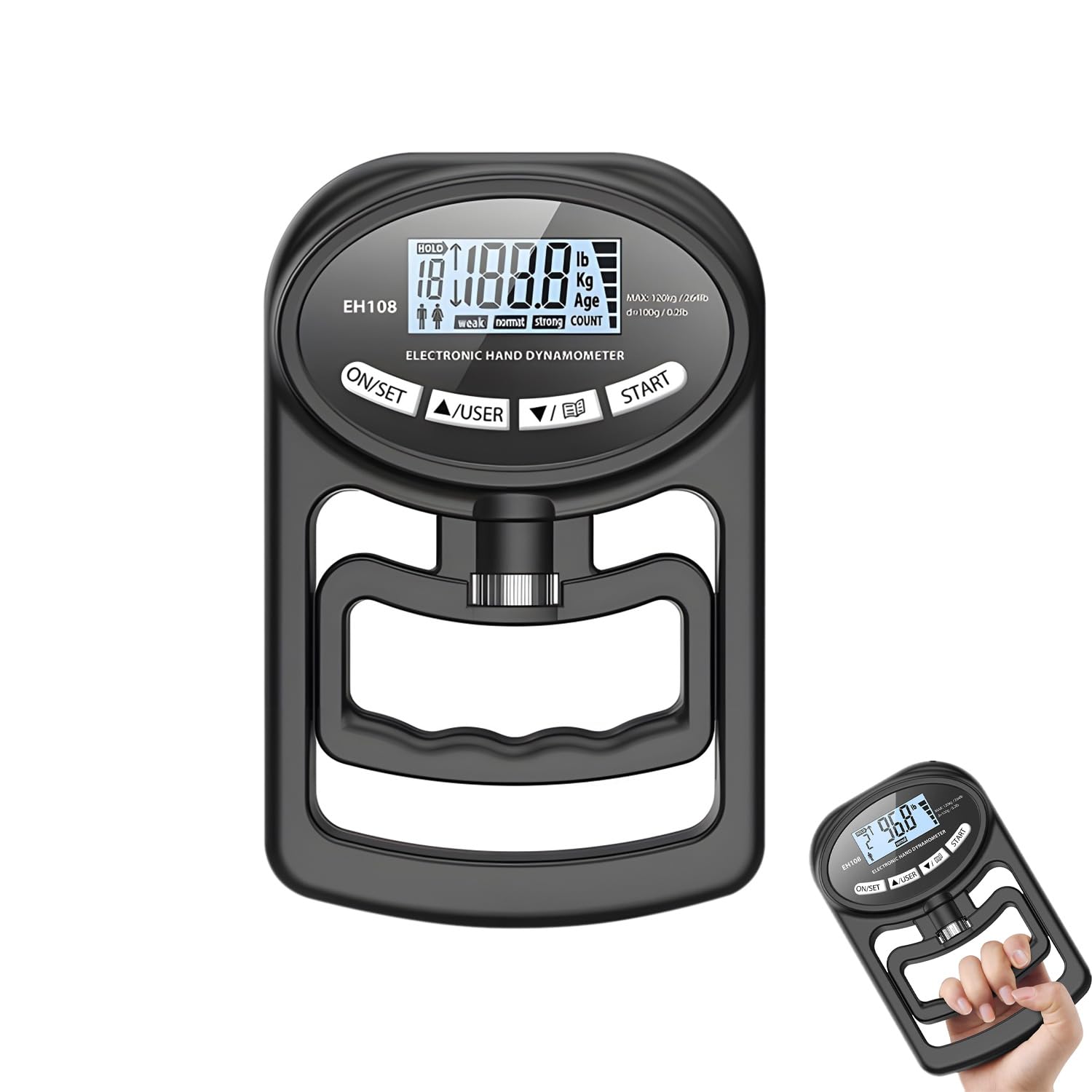Kensbro EH106 Digital Hand Strength Meter 264 lb/120 kg Electronic Grip Strength Meter Large LED Screen Hand Dynamometer with USB Charging Cable, Intelligent and Sensitive (Black)
