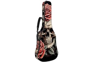 Embroidery Skull and Rose Rock Style Acoustic Guitar Gig Bag, 1 cm Thick Padding Waterproof Guitar Case Backpack with Dual Ad