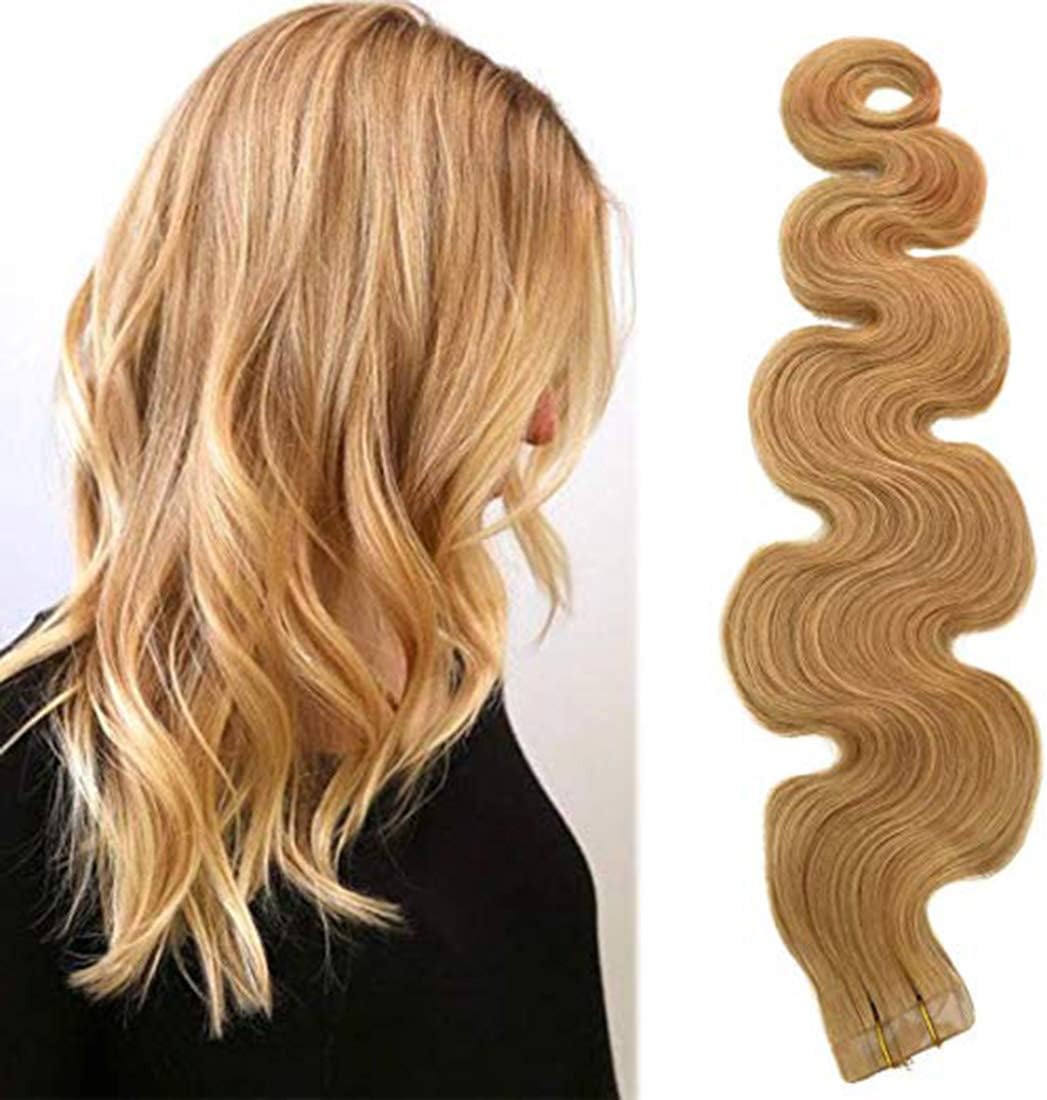 Samrtinnov Long Wave #27 Strawberry Blonde Tape in Hair Extensions Culry 70grams 20pcs Skin Weft Body Wave Seamless Tape in Extensions Remy Human Hair
