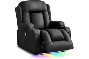 TUNYI Power Recliner Chair with Massage & Heat, Faux Leather Reclining Sofa with LED Light, Home Recliner Theater Seating with USB Port/Lumbar Pillow/Cup Holder/Side Pocket (Black, 1PC)