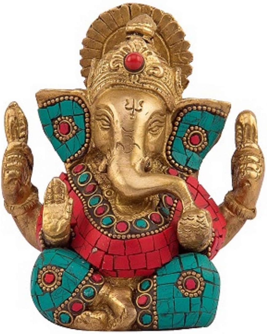 Ganesh Bhagwan Idol Ganesha Statue Ganpati Murti for Home Entrance Decor Diwali Gift Decorate with Multicolored Stone Height 4.5 Inch (1)