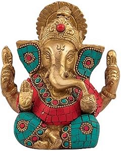 Ganesh Bhagwan Idol Ganesha Statue Ganpati Murti for Home Entrance Decor Diwali Gift Decorate with Multicolored Stone Height 4.5 Inch (1)