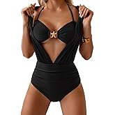 Eomenie Women's One Piece Swimsuit Halter Plunging Neck Bathing Suit Wide Straps Tummy Control Tie Back Swimwear