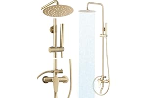 RALANDA Outdoor Shower Fixture,3 Functions Handle Tub Rainfall Shower Faucet Sets with Dial Thermometer Brass Valve, Exposed Shower System with 10'' Rainfall Shower Head Adjustable (Gold)
