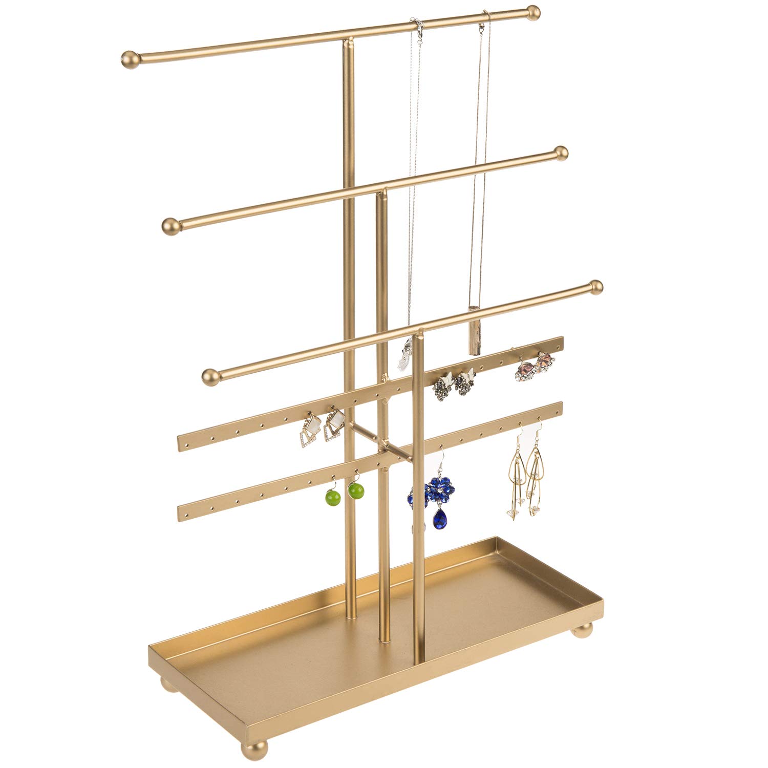 MyGift 5-Tier Gold Tabletop Metal Jewelry Necklace, Bracelet, Earring, Organizer with Ring Tray