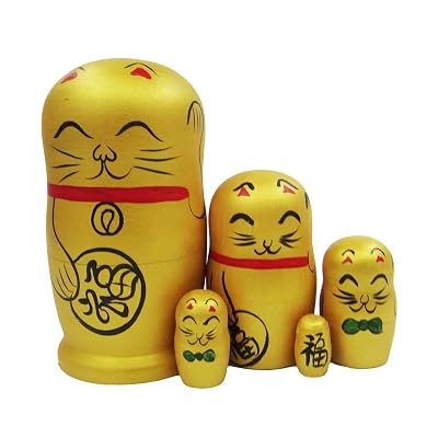 Arsdoll Lovely Fortune Lucky Cat Nesting Doll Wooden Matryoshka Russian Doll Handmade Stacking Toy Set 5 Pieces For Kids Girl Mothers Day Gifts Home