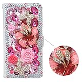 Spritech(TM) Bling Cellphone Case For LG G5,PU Leather Wallet Slim Fold Cover 3D Handmade Shining Rose Rhinestone Golden Butterfly Pink Flower Design Phone Case with Card Slot