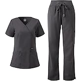 COZYFIT Scrubs for Women - Mock Wrap Top & Straight Leg Pants with 6 Pockets, Back Princess Seams, Soft Fabric