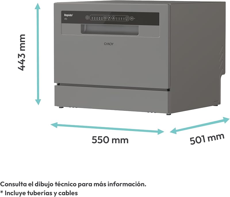 Máquina de lavar louça pequena e compacta candy cp 6e51ls, 6 serviços, digital, 51dba, 5 ciclos, meia carga, início retardado 3-6-9 horas, indicador de sal e abrilhantador, indicador de fim de ciclo, aço inoxidável