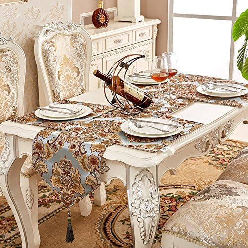 QXFSMILE Modern Jacquard Floral Table Runner Handmade Tassel Embroidered Table Runners Blue 13 by 156 Inch