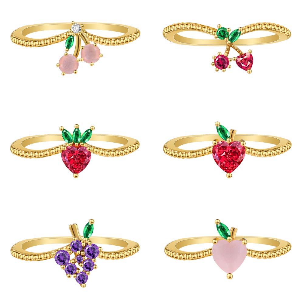 14K Gold Plated Fruit Rings Set Cute Stackable Tropical Fruit Pineapple Apple Cherry CZ Ring Sweet Cute Band Rings for Women