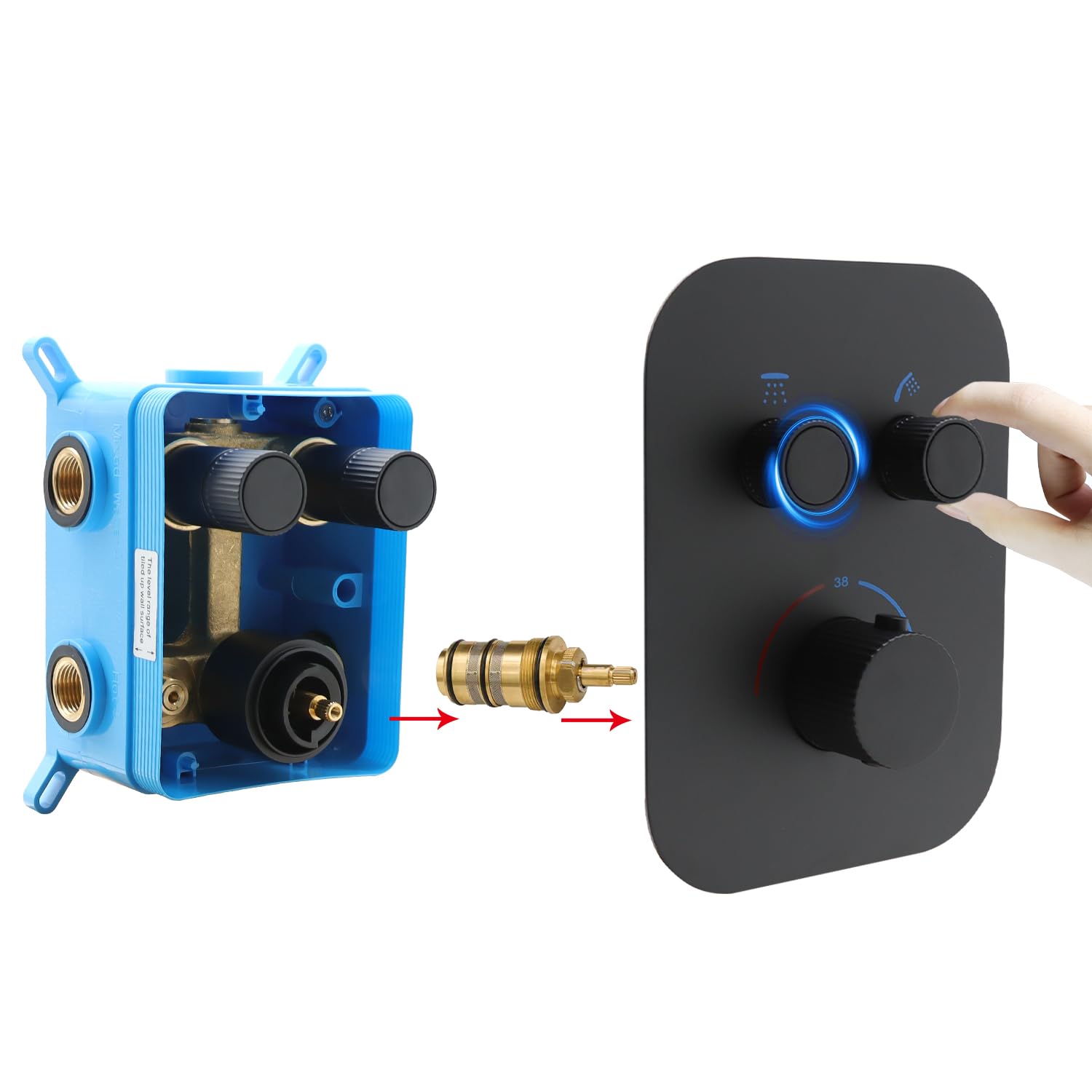 Delnet Upgraded Thermostatic Shower Mixer Valve, Dual Function Brass Shower Valve, Concealed 2 Way Shower Diverter Valve Can Control Flow and On-Off Simultaneously, Matte Black