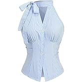 Floerns Women's Summer Button Down Shirts Striped Sleeveless Ruched Halter Neck Dressy Blouse Tops