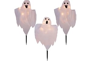 LJLNION Halloween Decorations, 3 Pack 26 Inch Lighted White Ghost Stakes, Cloth Ghosts with 20-Count Incandescent Light, Light Up Holiday Party Home Haunted House Yard Art, Indoor Outdoor Ornament