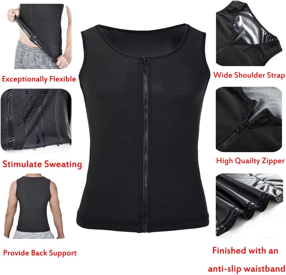 HOMETA Men Waist Trainer Sauna Vest Sweat Body Shaper Slimming Polymer Weight Loss Zipper Tank Top Premium Workout Shirt: Clothing