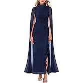 MAYFASEY Women's Formal Dresses Ruffle High Split Long Sleeve Mesh Ruched Bodycon Evening Party Maxi Dresses with Cape