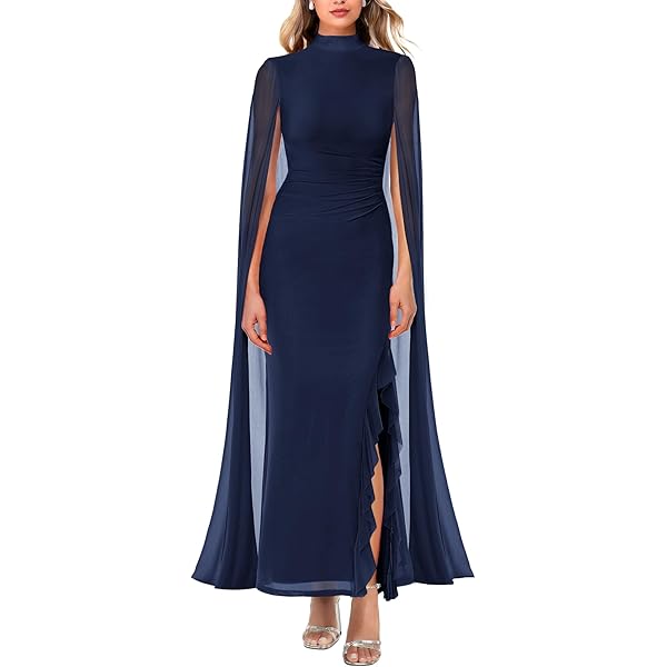 Amazon.com: Lrady Women's Formal Evening Gowns High Split Ruffle Wedding  Guest Cape Sleeve Cocktail Party Maxi Dresses, Black, Small : Clothing,  Shoes & Jewelry