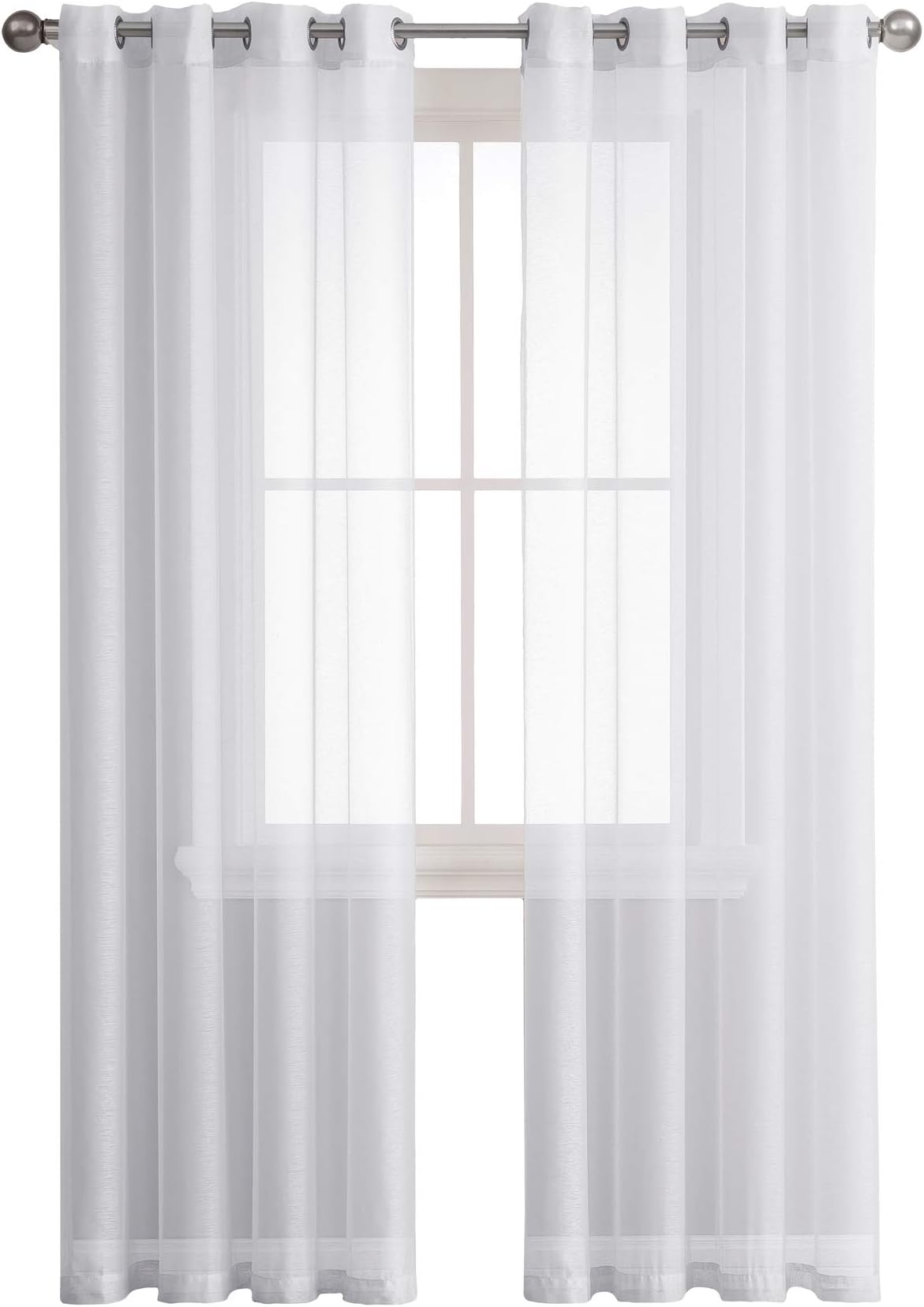 Pair of White Color Medium Length 54 x 84 Inch Faux Linen Sheer Living Room Curtains. Grommet Window Panels Also Look Great in Kitchen, Dining, Boys or Girls Bedroom. KAR 54” x 84” White