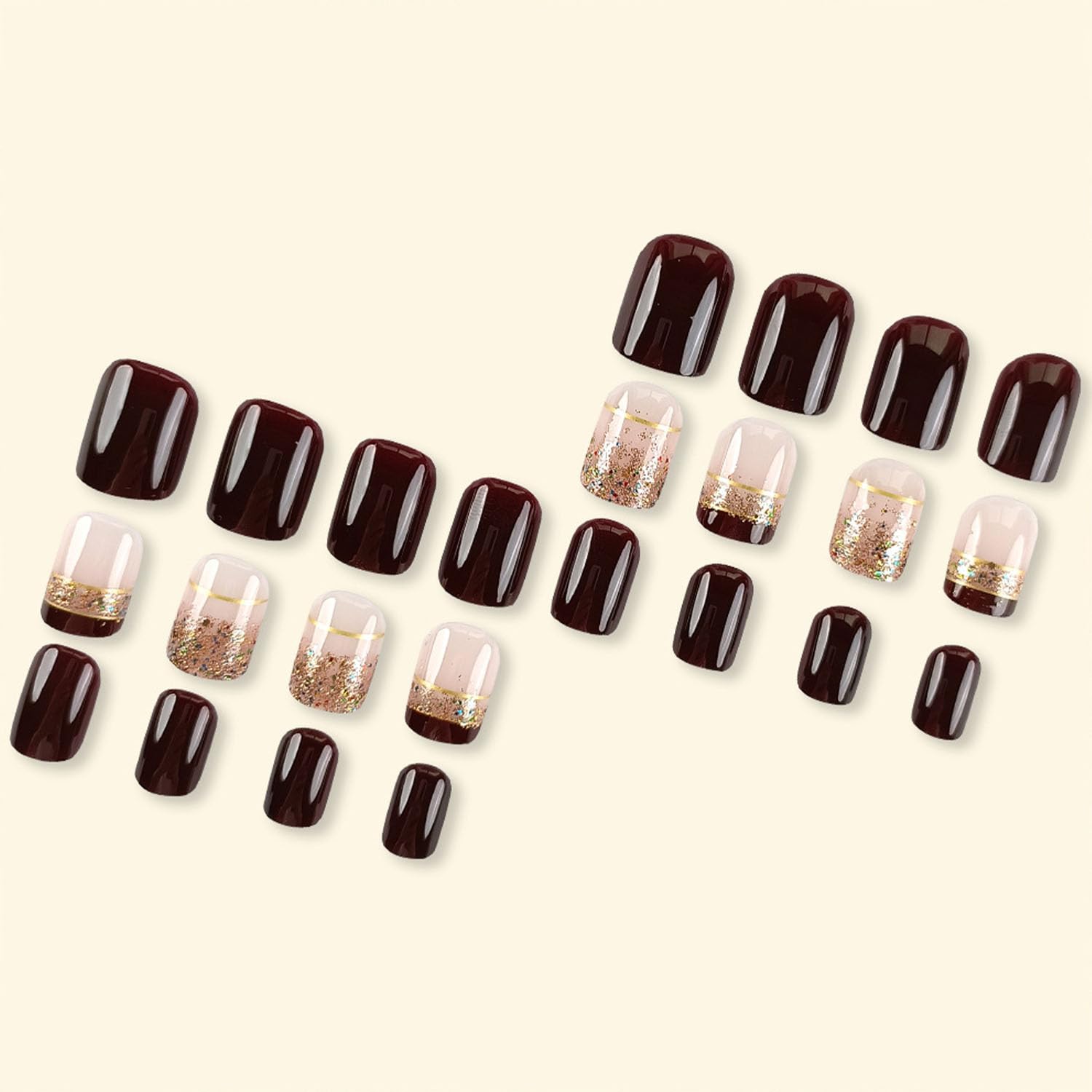 French Tip Press on Nails Short Brown Fake Nails Gold Glitter Acrylic Nails Square Glue on Nails Glossy Full Cover Artificial False Nails Gold Foil Stick on Nails for Women 24 Pcs - Image 2