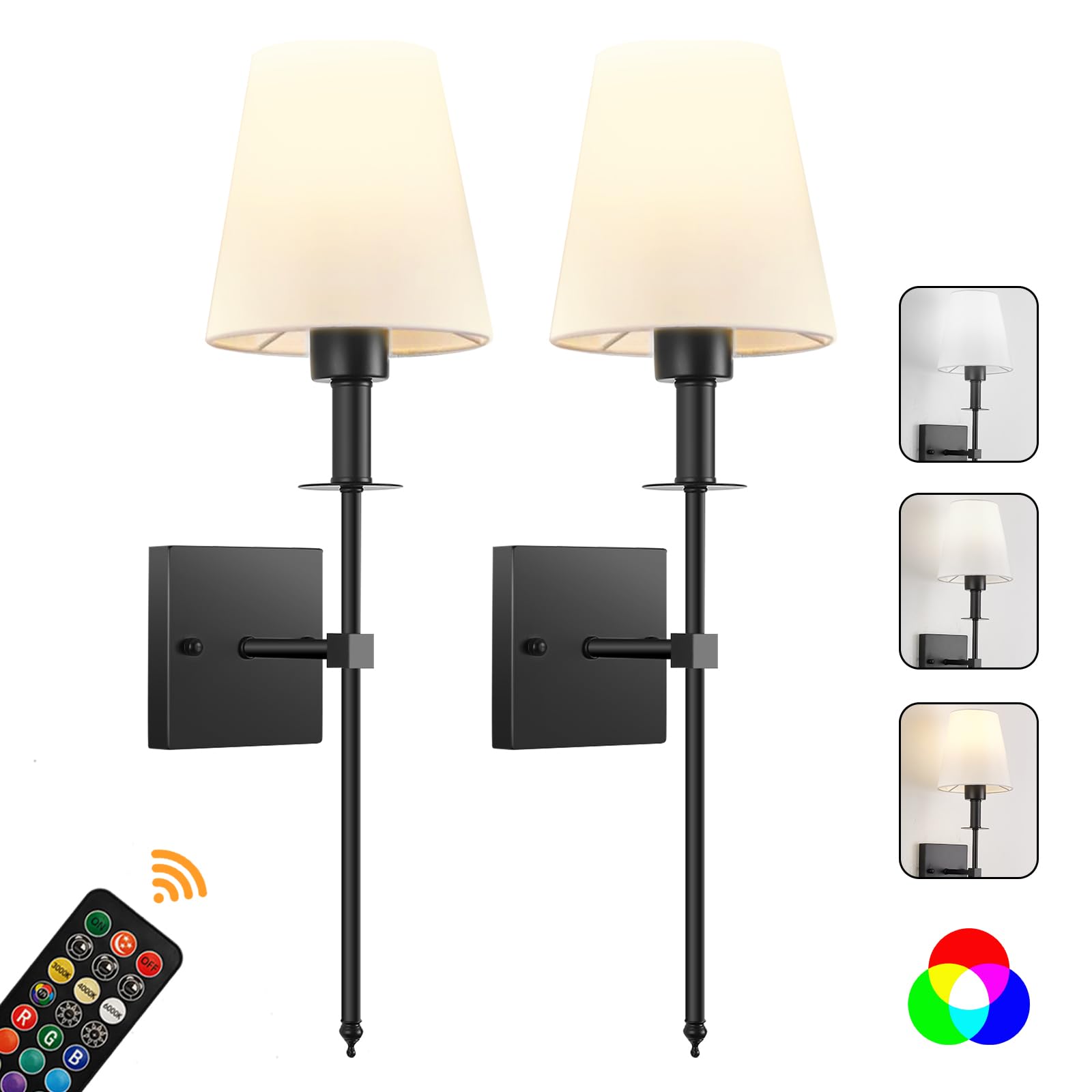Photo 1 of KARTOOSH Battery Operated Wall Sconce Set of Two, Rechargeable Wireless Wall Lights with Remote Control,Dimmable,3000K/4000K/6000K, RGB,Timer, No Wired Sconces for Bedroom,Living Room,Fireplace,Black