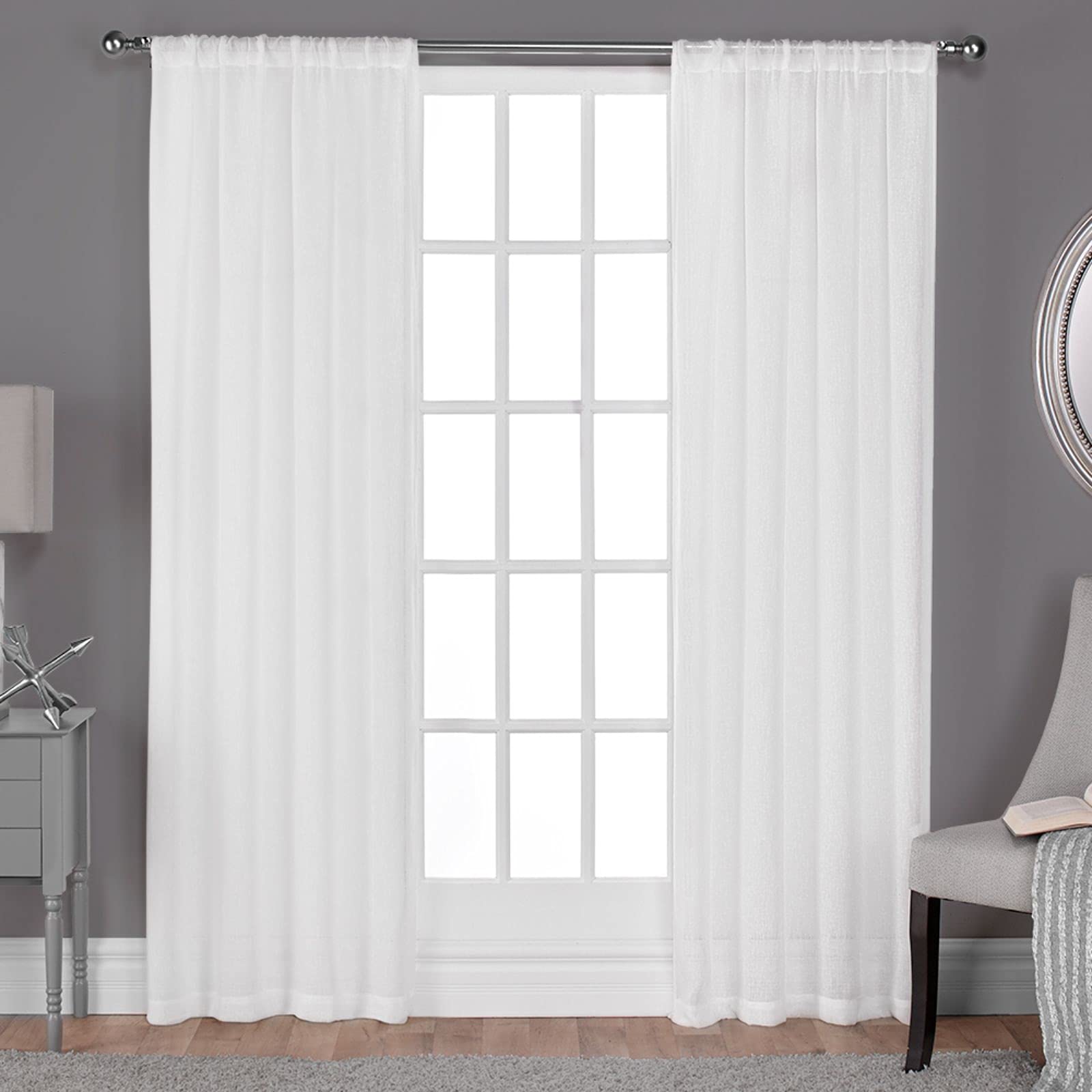 Exclusive Home Curtains Belgian Sheer Rod Pocket Top Panel Pair, Winter White, 50x84, 2 Piece