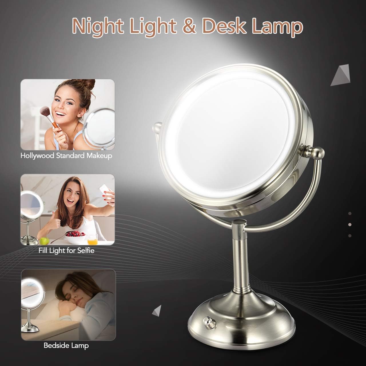 Professional 8.5" Lighted Makeup Mirror, 10X Magnifying Vanity Mirror with 32 Medical LED Lights, Senior Pearl Nickel Cosmetic Mirror,Brightness Adjustable(0-1100Lux) Desk Lamp Night Light Alternative: Furniture & Decor