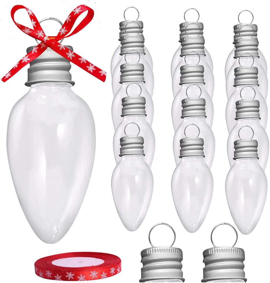 Ornaments - 16 Packs 3.4 Inch Fillable Light Bulb Shape Clear Plastic Christmas Ornaments with Screw Off Cap and 1 roll of Red Snowflake Ribbon for DIY Crafts Christmas Tree Hanging Decoration