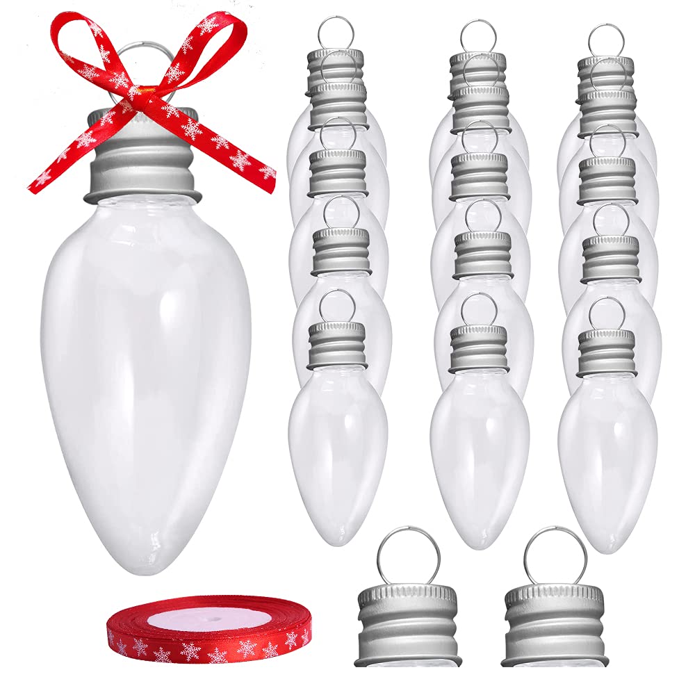 Photo 1 of 16 Packs 3.4 Inch Fillable Light Bulb Shape Clear Plastic Christmas Ornaments with Screw Off Cap and 1 roll of Red Snowflake Ribbon for DIY Crafts Christmas Tree Hanging Decoration (12 pcs)