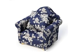 CUTEMINI Dollhouse Couch with Pillow 1 12 Scale Miniature Sofa Arm Chair Living Room Furniture Wooden Fabric Frame Single Reading Chair Artificial House Room Scene Decoration (Blue)
